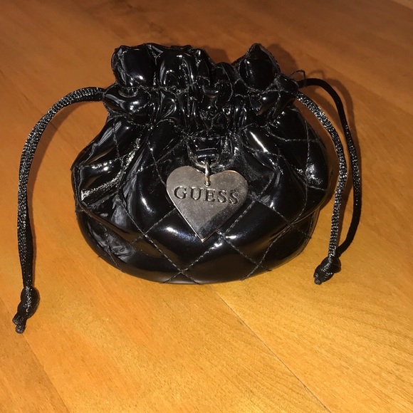 Guess Black Patten Mini Cinched Bag w Silver Heart - Picture 2 of 6